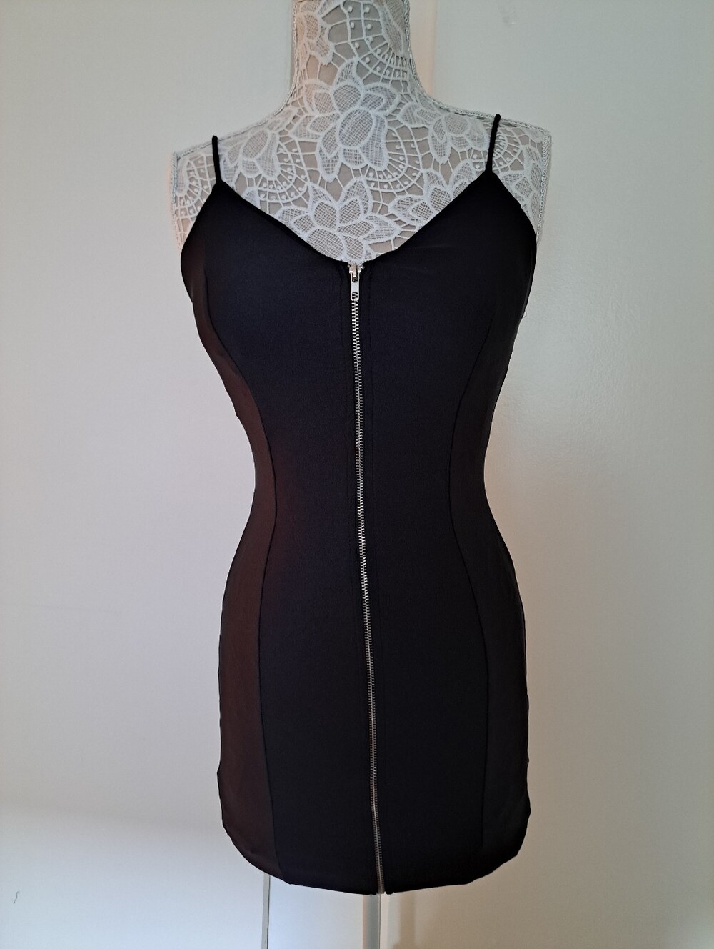 IRIS Black Zip-Front Spaghetti Strap Mini Dress